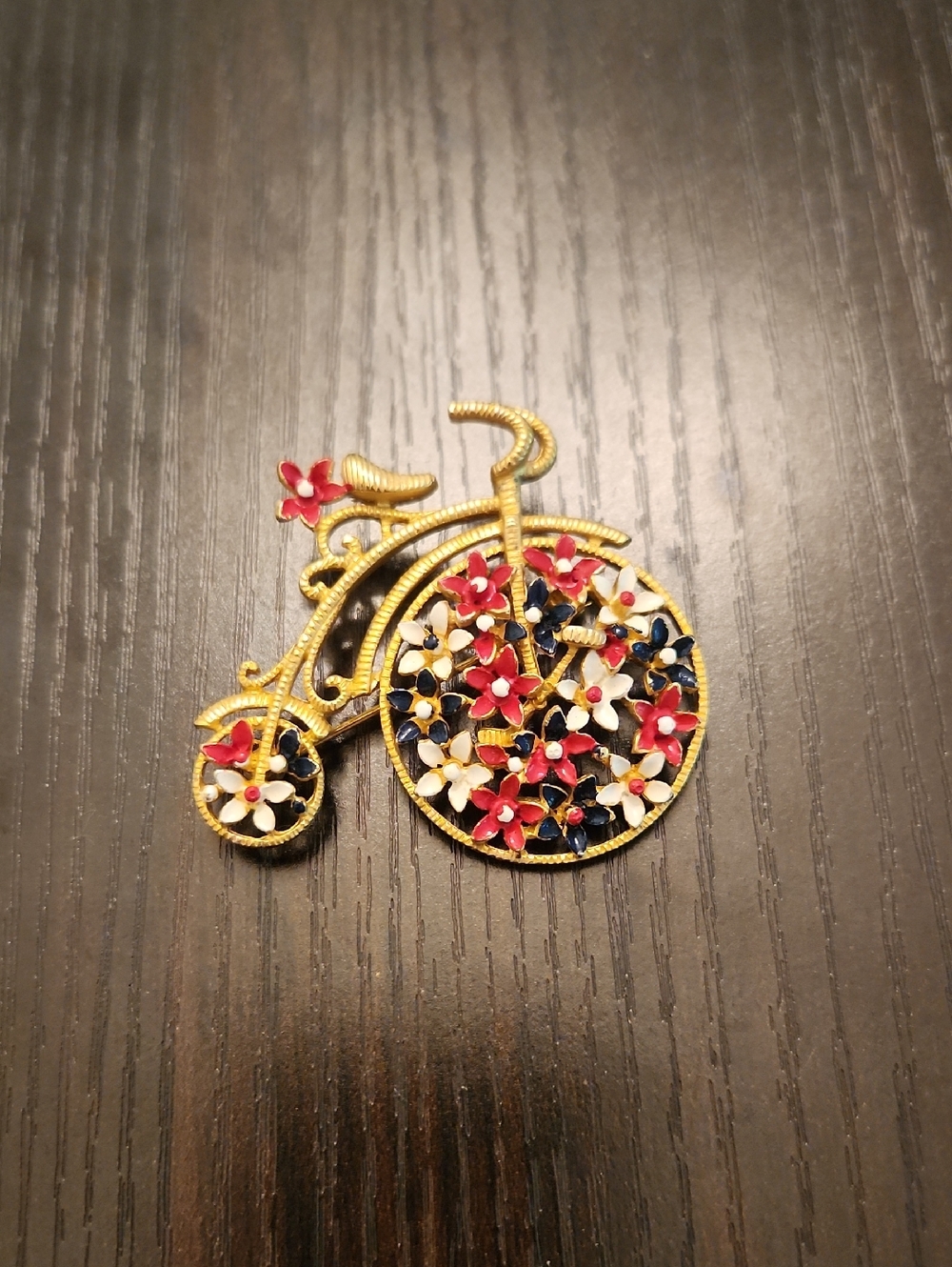 Lisner Floral Bicycle Brooch with Red, White & Navy Enammel Accents